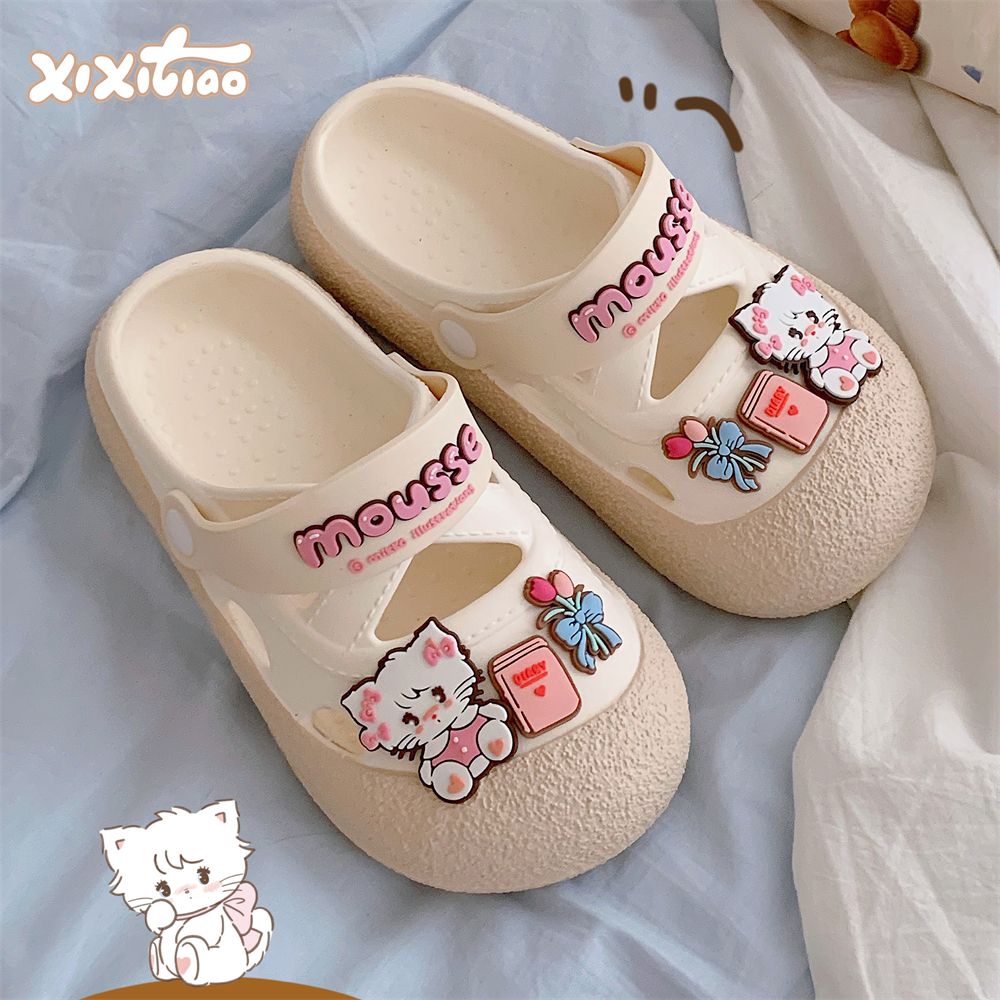 细细条 可爱小猫亲子洞洞鞋少女心夏季室外防滑学生软底凉拖鞋女