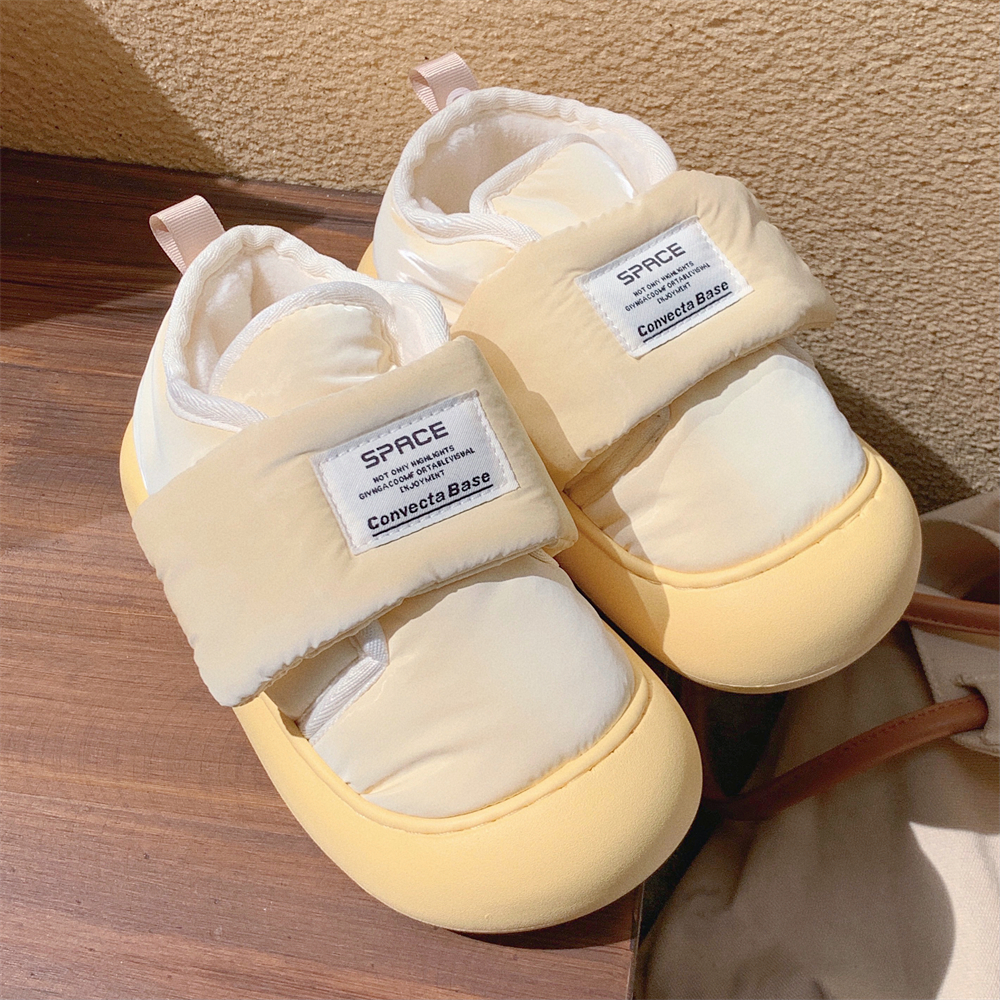 细细条 时尚百搭圆头面包棉鞋冬季奶黄色创意魔术贴加绒板鞋女ins