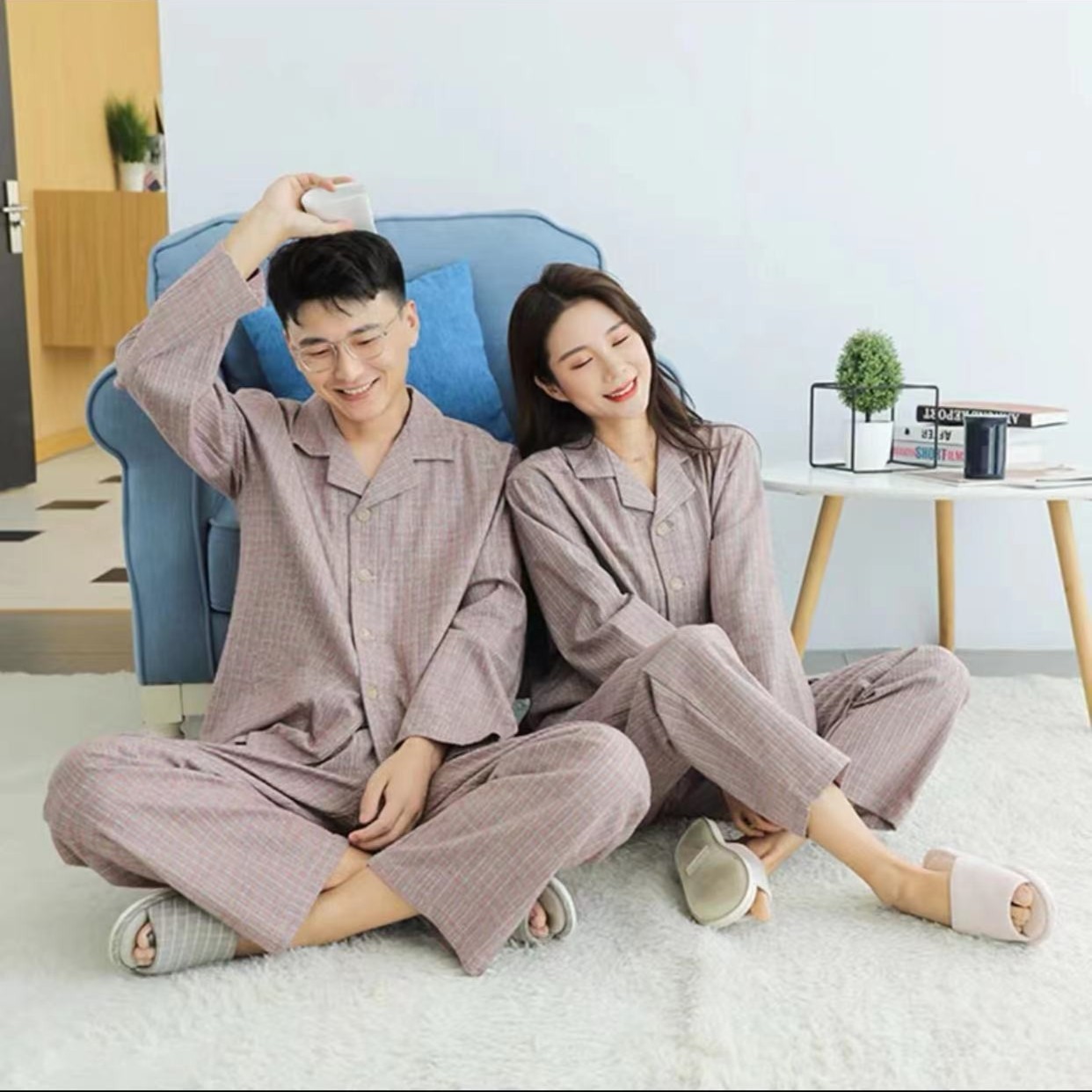 （五妹）新款梭织纯棉磨毛格子长袖情侣睡衣套装春秋家居服男女服