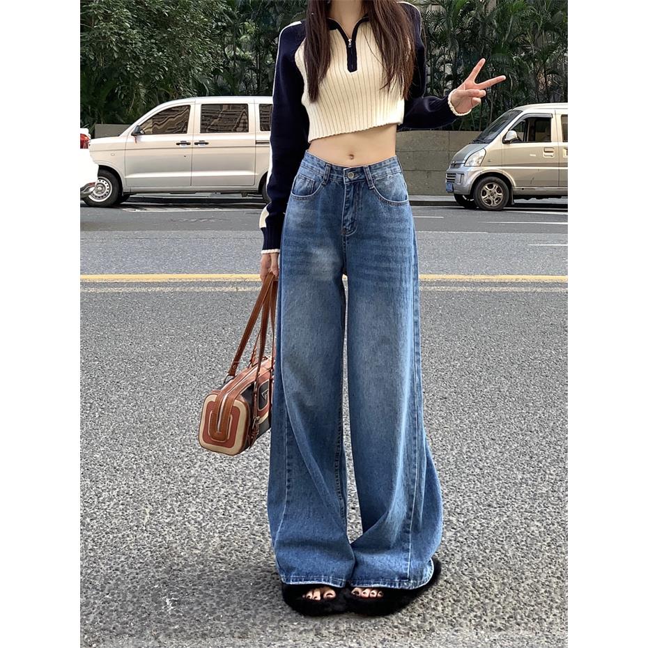 大码水洗磨白高腰阔腿牛仔裤女胖mm秋季新款复古宽松垂感直筒裤子