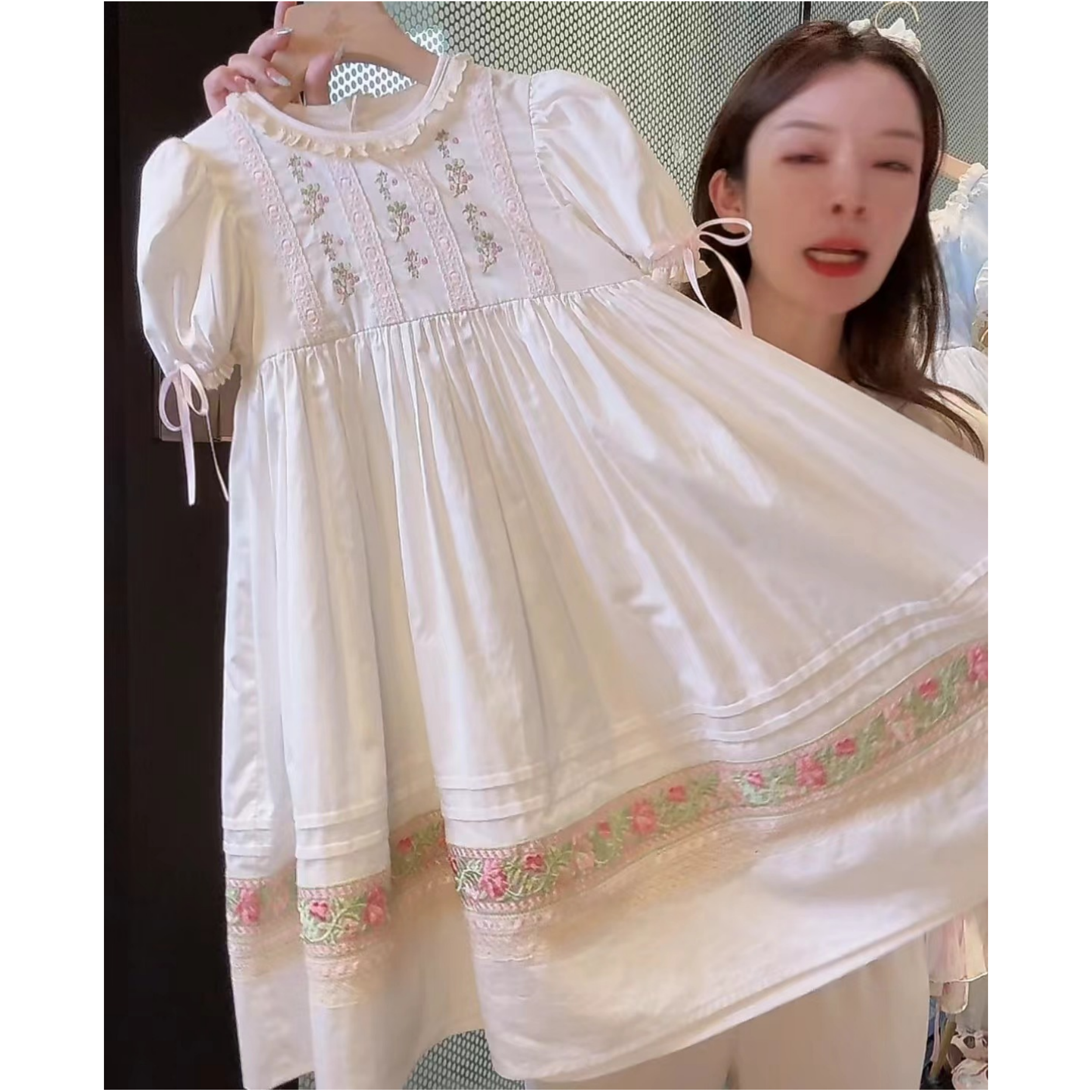 连衣裙儿童裙子套装蕾丝女童夏季刺绣白色时尚泡泡袖重工甜美绣花