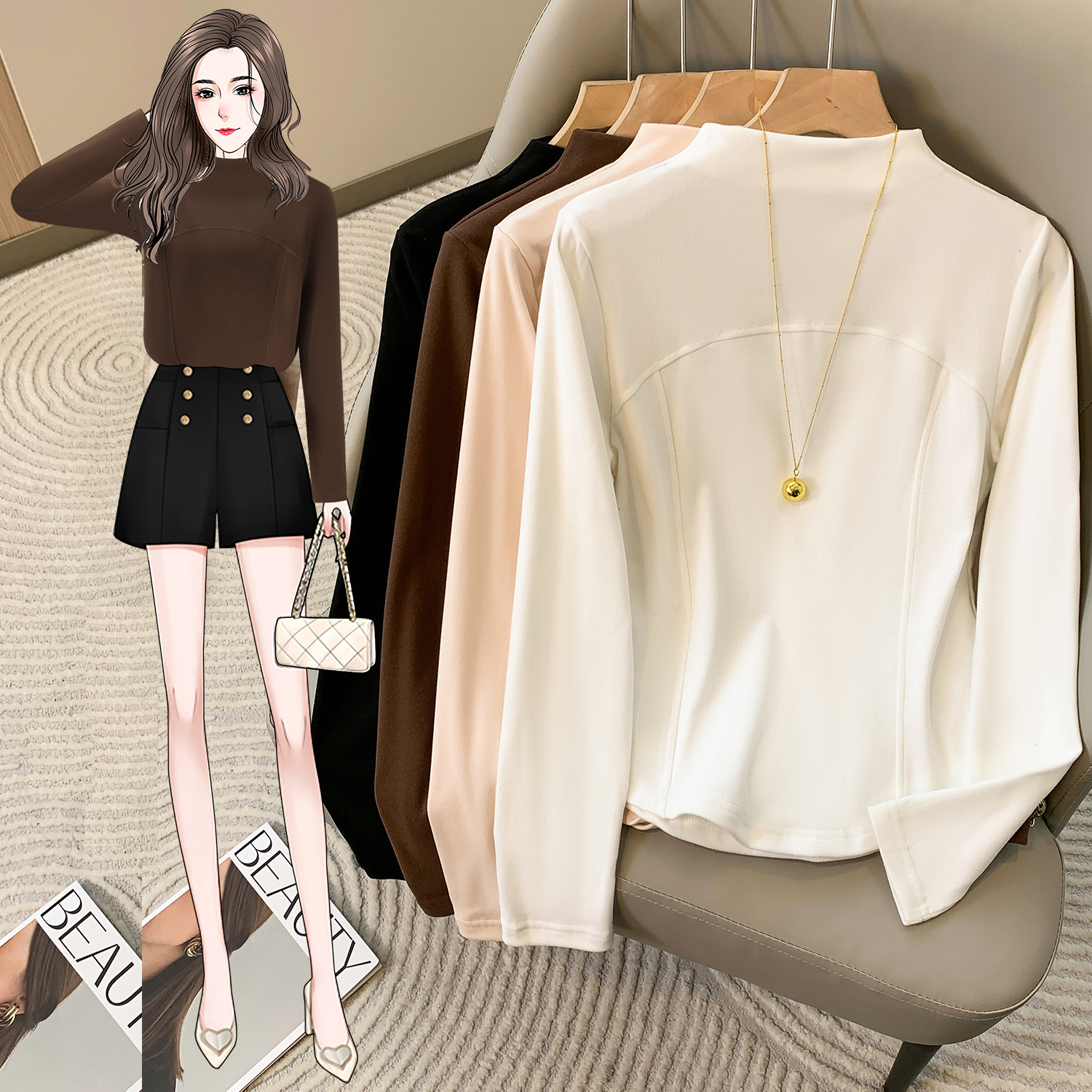 大码纯色百搭德绒半高领T恤打底衫磨毛鱼骨上衣