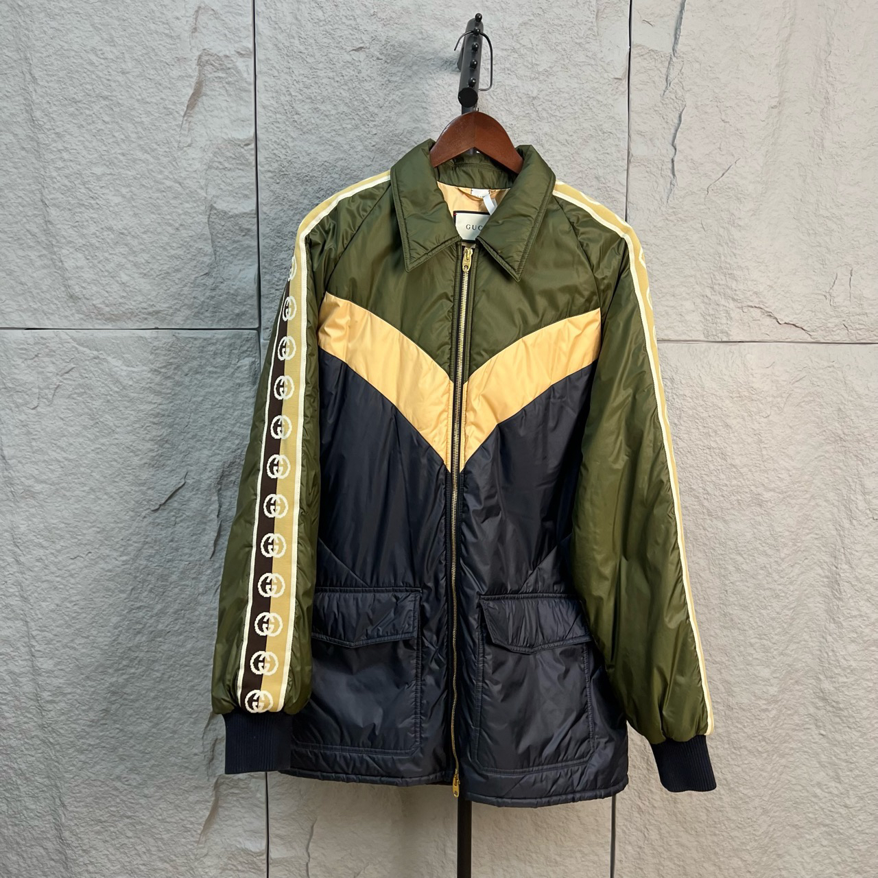 99新 GUCCI/古驰 侧袖双G织带拉链棉拼色夹克外套50码 ys001734