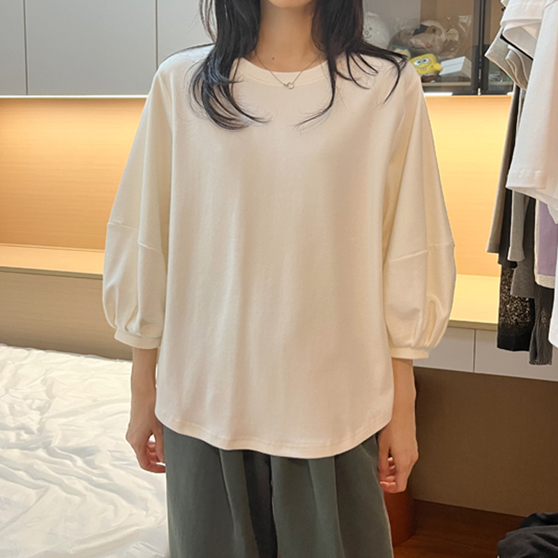 灯笼袖棉质七分袖白T恤女秋冬新款宽松显瘦内搭上衣绒面质感体恤