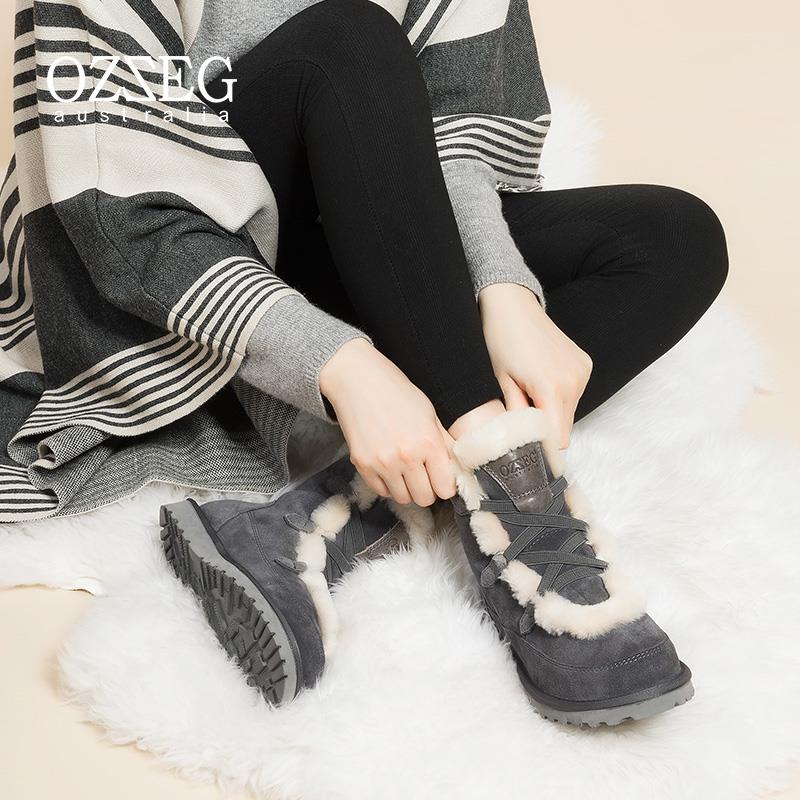 OZZEG雪地靴女新款羊皮毛一体冬季系带加绒加厚棉鞋平底短靴Z5155