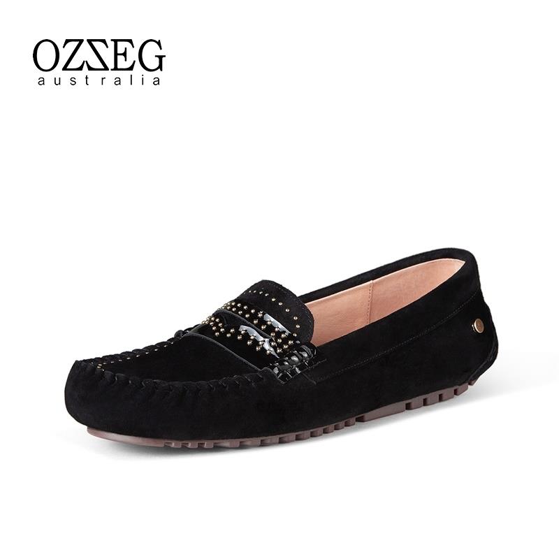 OZZEG情侣鞋子一对潮流豆豆鞋真皮铆钉软底一脚蹬驾车鞋Z20108