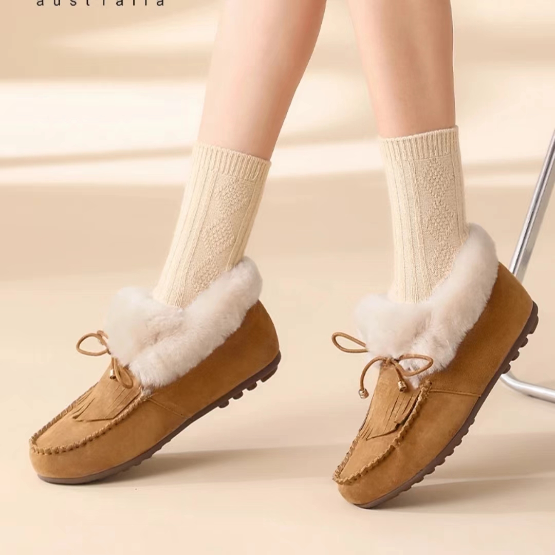 OZZEG豆豆鞋女冬加绒2024年新款保暖防滑厚底舒适毛毛鞋22D32