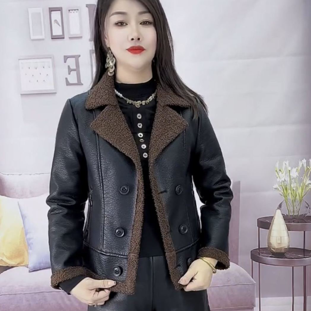 加绒加厚皮衣女2025秋冬新款韩版PU皮毛一体短款仿羊羔毛皮衣外套