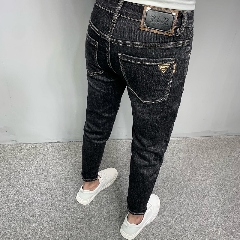 夏季高端牛仔裤男裤潮流黑灰色修身弹力小脚裤潮牌复古水洗长裤子
