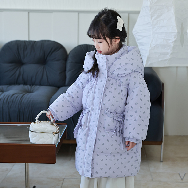 8821儿童羽绒服女童中长款2024新款中小童蝴蝶结加厚白鸭绒外套潮