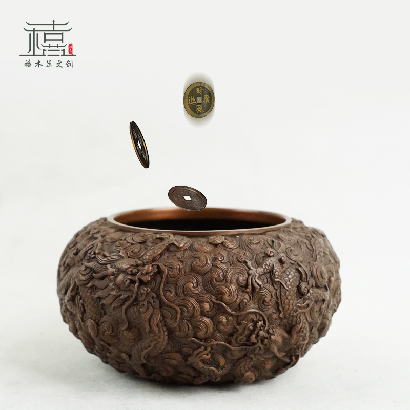 紫铜海水四龙缸铜聚宝盆铜缸钵式香炉家居饰品多功能摆件