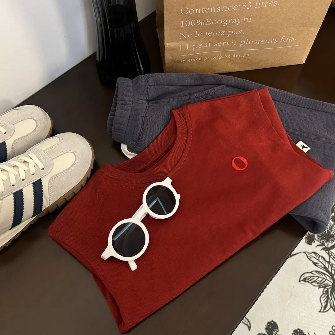 【WD108复古红小O】儿童纯棉百搭洋气时尚韩版圆领长袖休闲上衣