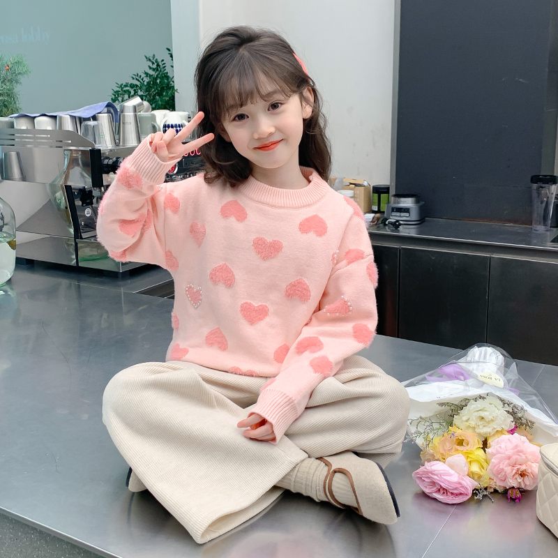 女童毛衣冬装加厚2023新款洋气女孩的秋冬一体绒针织衫上衣儿童装