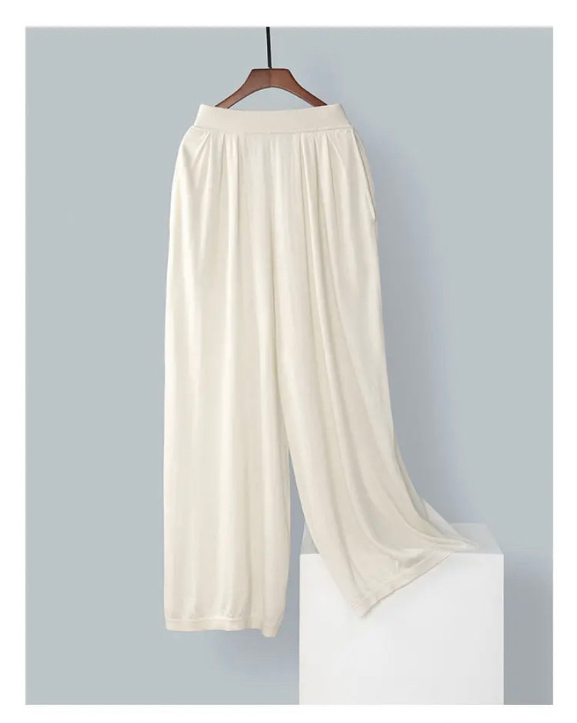 蚕丝羊绒春夏阔腿裤女纯色高腰百褶休闲裤修饰腿型丝滑透气潮流