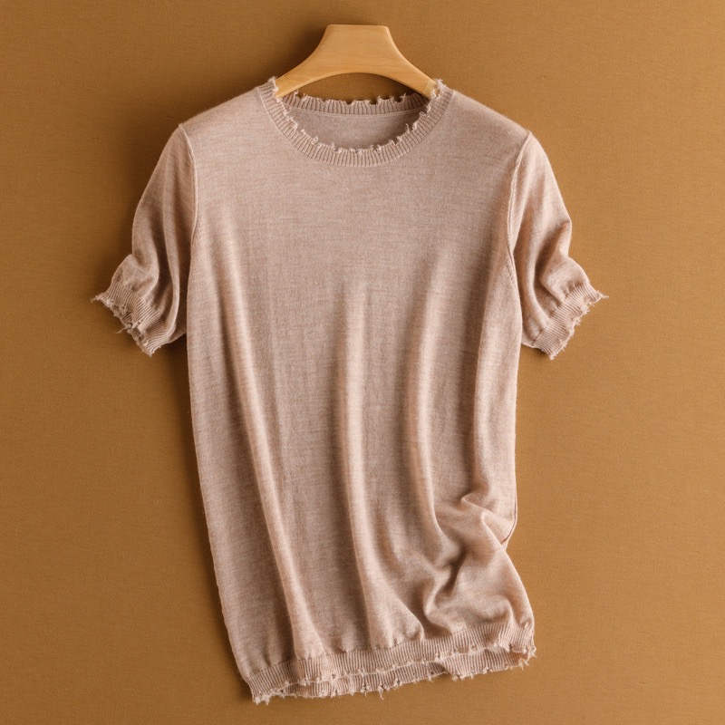 精纺羊绒夏季爆款圆领毛边短袖纯色毛边流苏针织T恤打底衫上衣