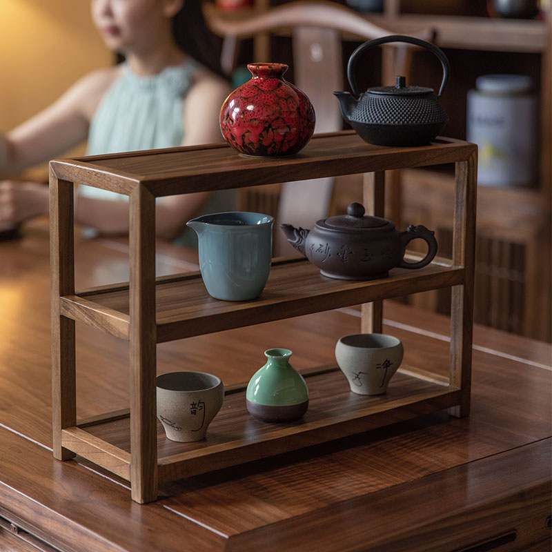 黑胡桃木茶具置物架茶杯架子茶壶收纳架摆放架中式茶桌三层置物架