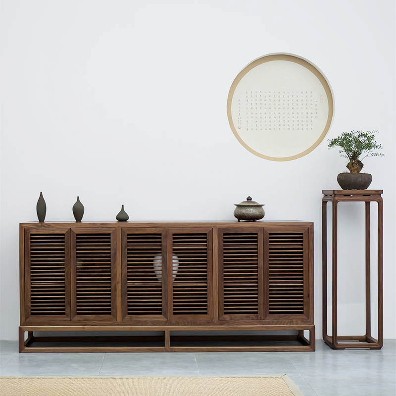 杪轩新中式餐边柜实原木客厅餐厅储物柜黑胡桃老榆木收纳柜家具