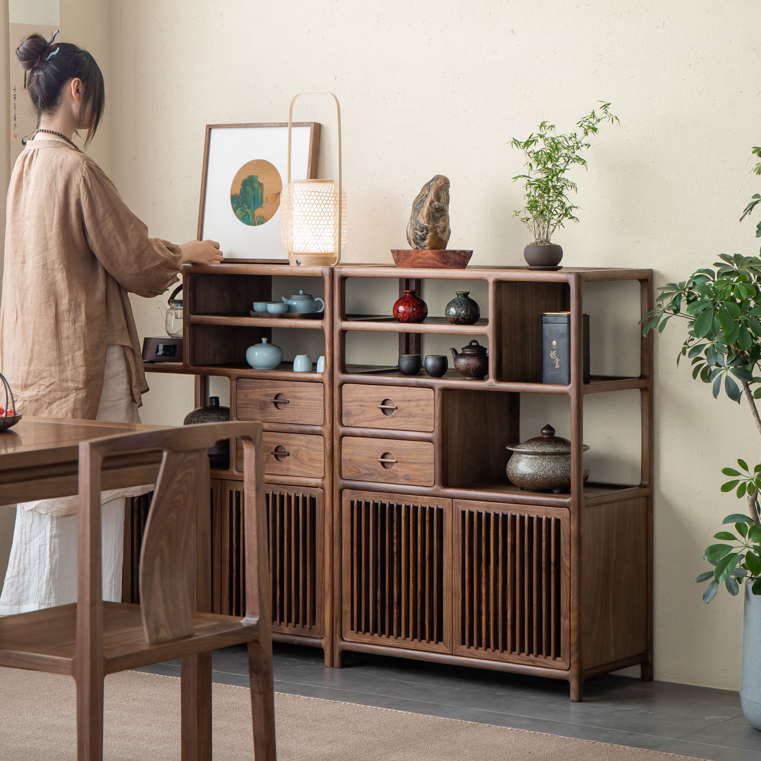 杪轩新中式黑胡桃木餐柜原实木茶室茶叶架客饭厅家用收纳边柜客厅