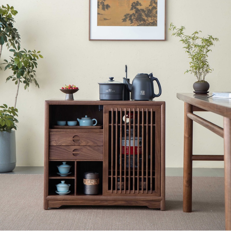 杪轩黑胡桃木新中式茶水柜茶台茶几实木茶室移动一体壶烧水边柜