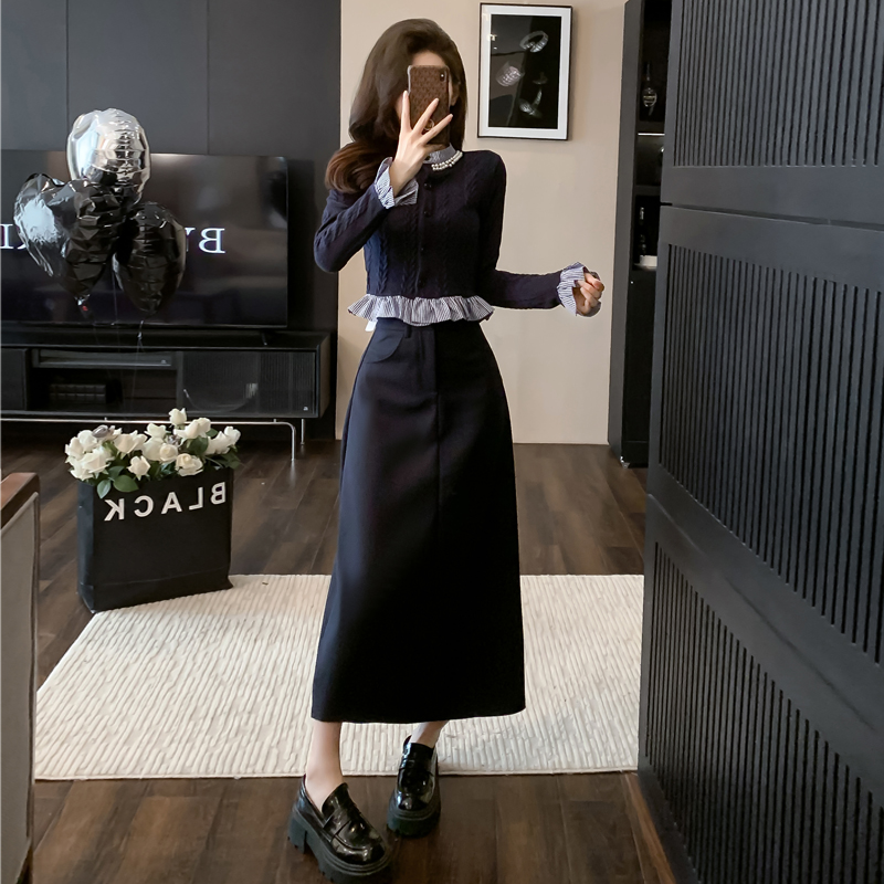 休闲套装女长袖两件套针织秋冬时尚修身包臀气质拼接黑色女神显瘦