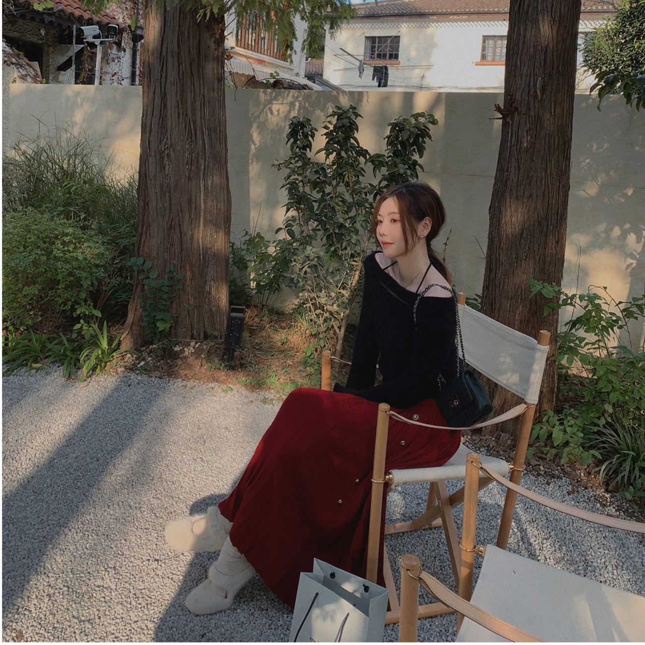 ASM ANNA◆冬香小百合~斜扣大裙摆百褶针织半身裙女AS4384