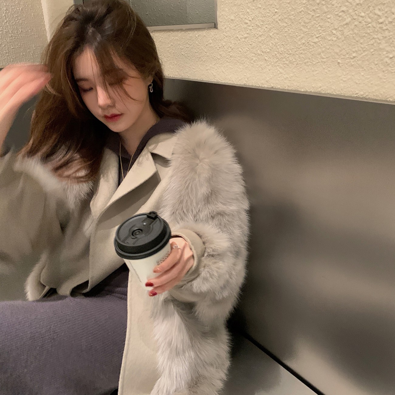 ASM ANNA◆vogue fur 大衣气质双面呢拼接狐狸毛外套女A7388