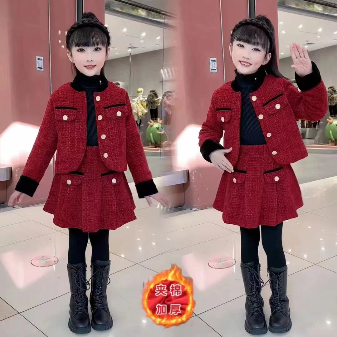 女童2024套装秋冬装儿童洋气新款香风红色百褶裙外套两件套0105