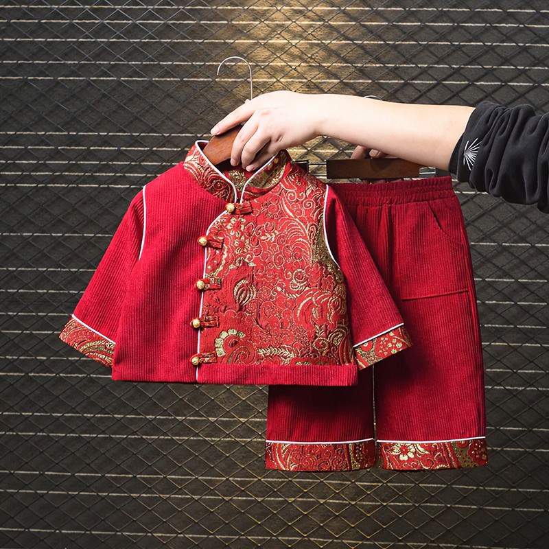 儿童汉服女童拜年红色唐装过年衣服男宝宝周岁礼服中国风套装0103