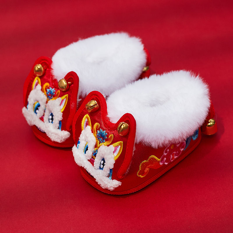 宝宝软底刺绣虎头鞋铃铛婴幼儿加绒加厚周岁满月百天龙鞋保暖0114