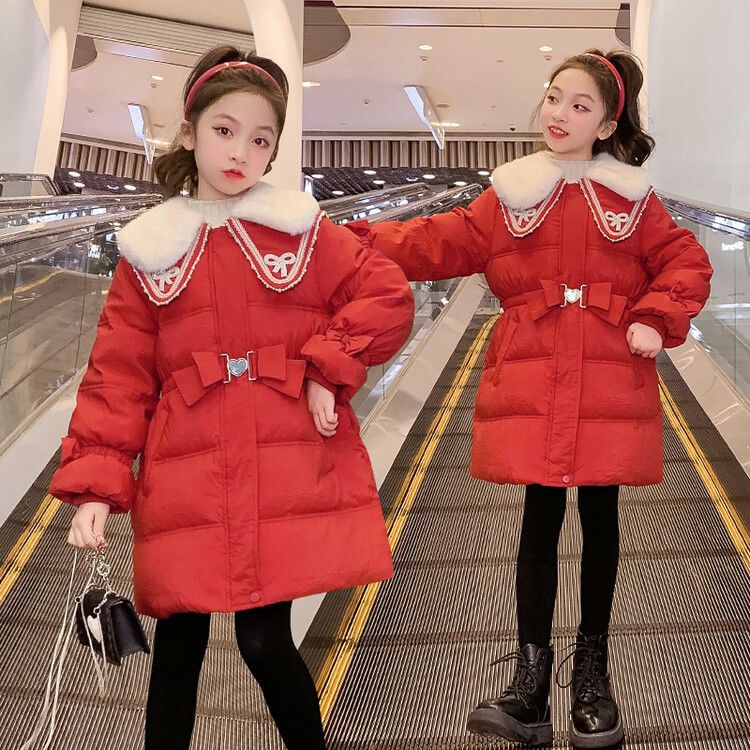 新品女童红色新年喜庆拜年服棉袄儿童羽绒服儿童中长款羽0107