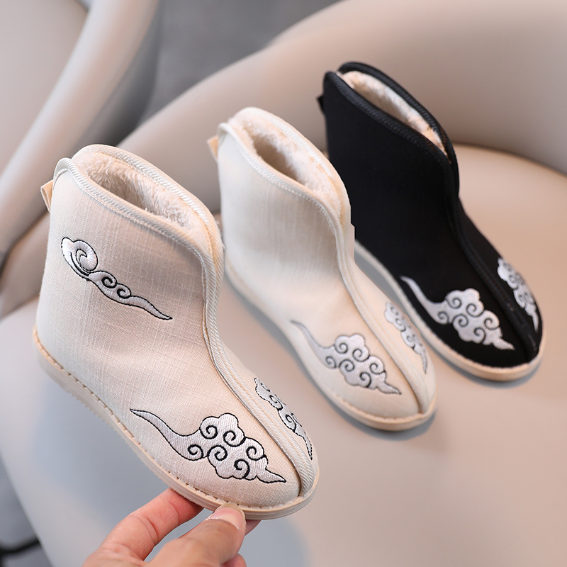 男童汉服鞋子中国风古装靴子儿童绣花鞋古风冬季加绒棉鞋表演出鞋