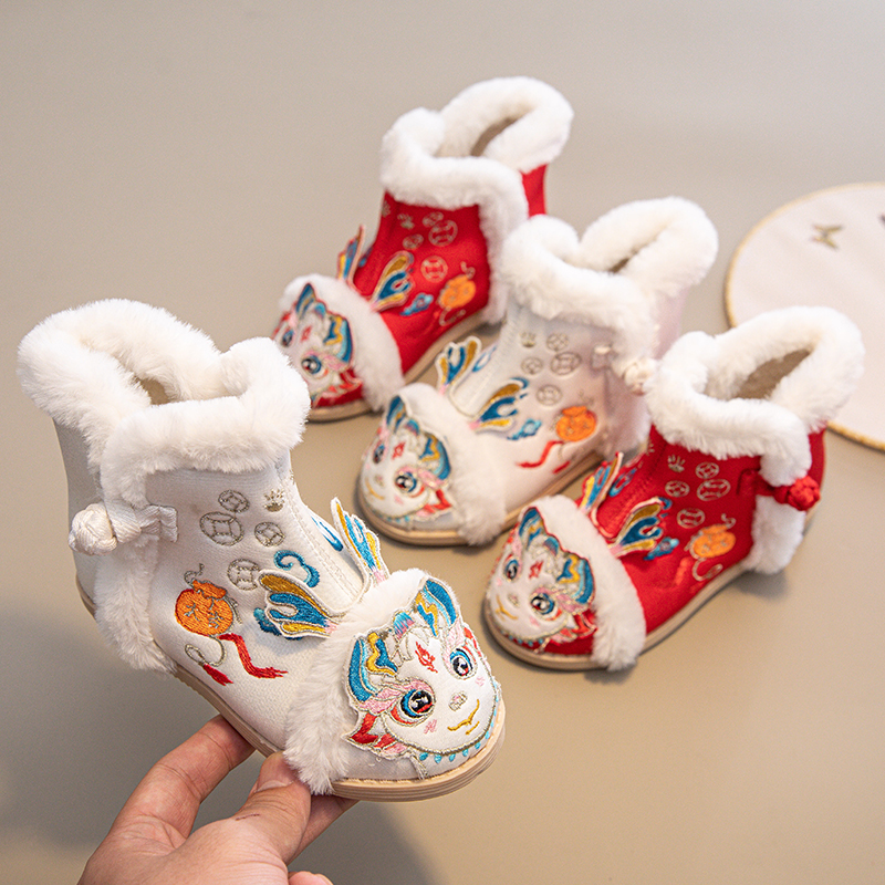 女童汉服鞋子古装国风汉服靴配马面裙拜年棉鞋儿童绣花鞋冬季加绒