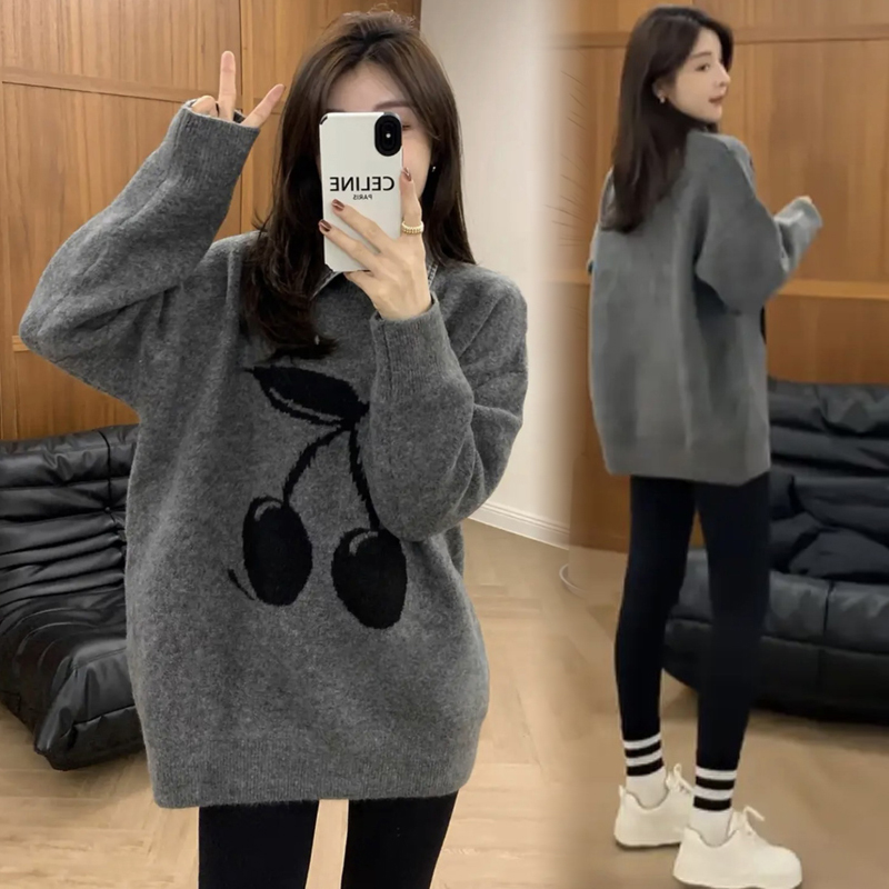 孕妇装秋冬韩版时尚宽松加厚假两件牛仔领樱桃米毛衣