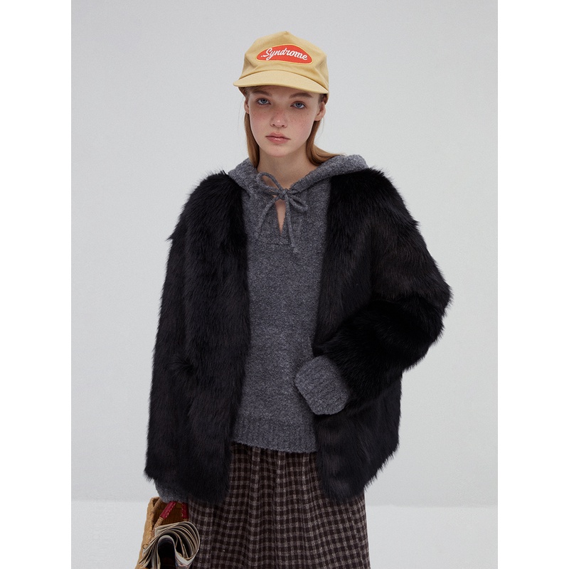 AHHH V领毛毛外套女加厚保暖皮毛一体环保高级感秋冬新款大衣