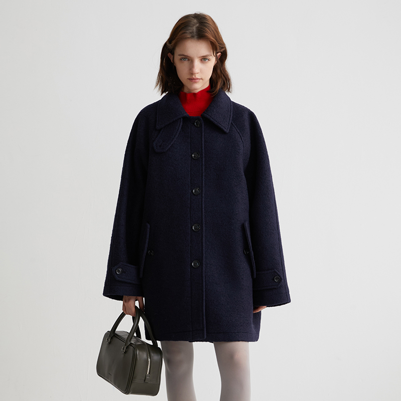 AHHH 知识风羊毛混纺中长款毛呢大衣女冬季新款拼接设计风衣外套