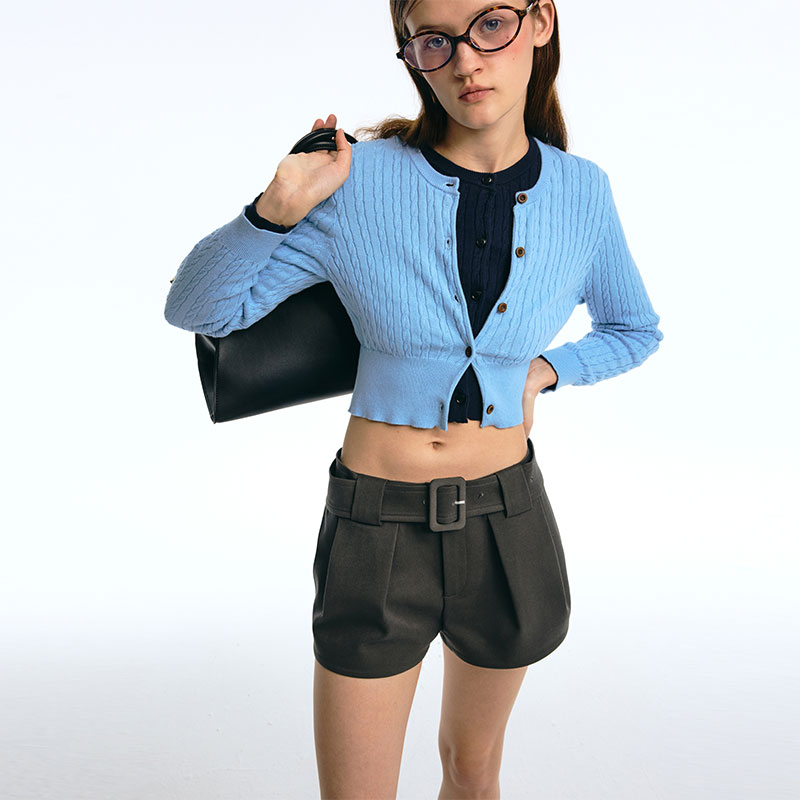 Ahhh 圆领卷花设计针织开衫女蓝色美式短款2024早春新款上衣外套