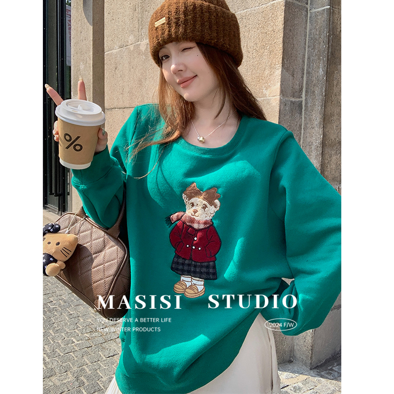 【宠粉回馈】马西西微胖大码重工刺绣加绒小熊卫衣女冬宽松长袖上衣