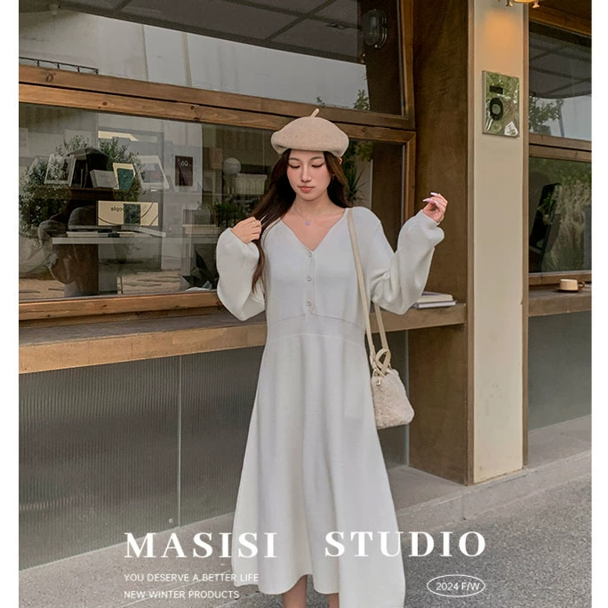 【宠粉回馈】马西西微胖大码 V领收腰针织连衣裙女冬胖mm中长款裙子