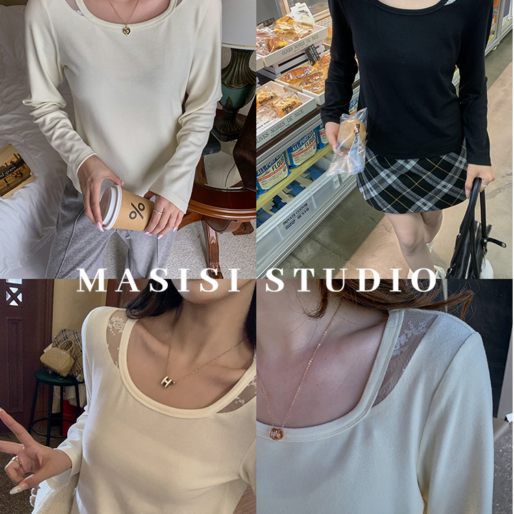 【宠粉回馈】马西西微胖大码蕾丝拼接U领磨毛打底女冬显瘦内搭上衣
