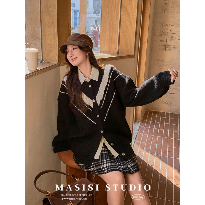 【宠粉回馈】马西西微胖大码V领木耳边针织上衣女胖mm宽松开衫外套