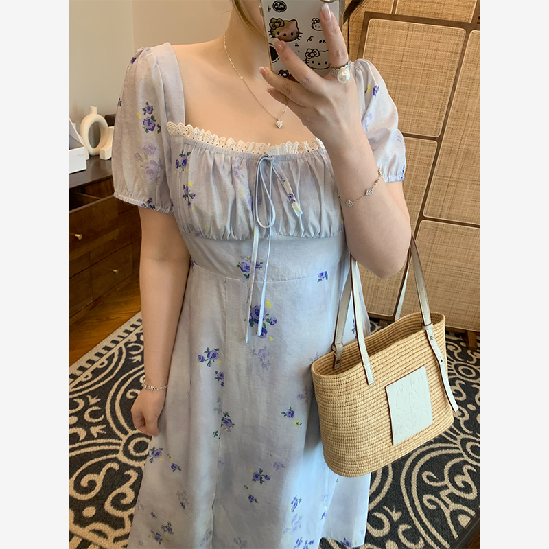 【宠粉回馈】马西西微胖mm大码方领碎花连衣裙女宽松显瘦中长款裙子