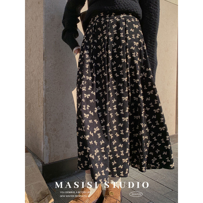 【宠粉回馈】马西西微胖大码蝴蝶结印花灯芯绒半身裙女冬中长款裙子