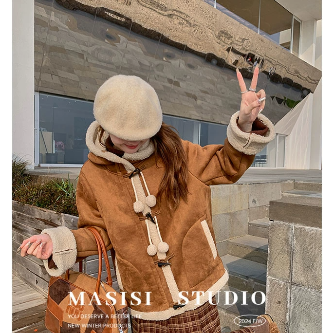 【宠粉回馈】马西西微胖大码牛角扣连帽外套女冬显瘦皮毛一体上衣