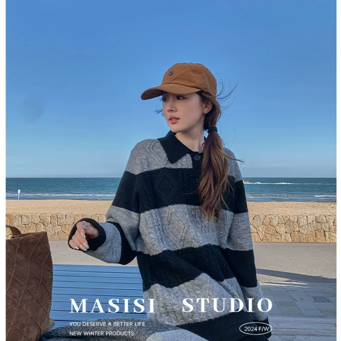 【宠粉回馈】马西西韩版polo领条纹麻花毛衣女冬季大码长袖针织上衣