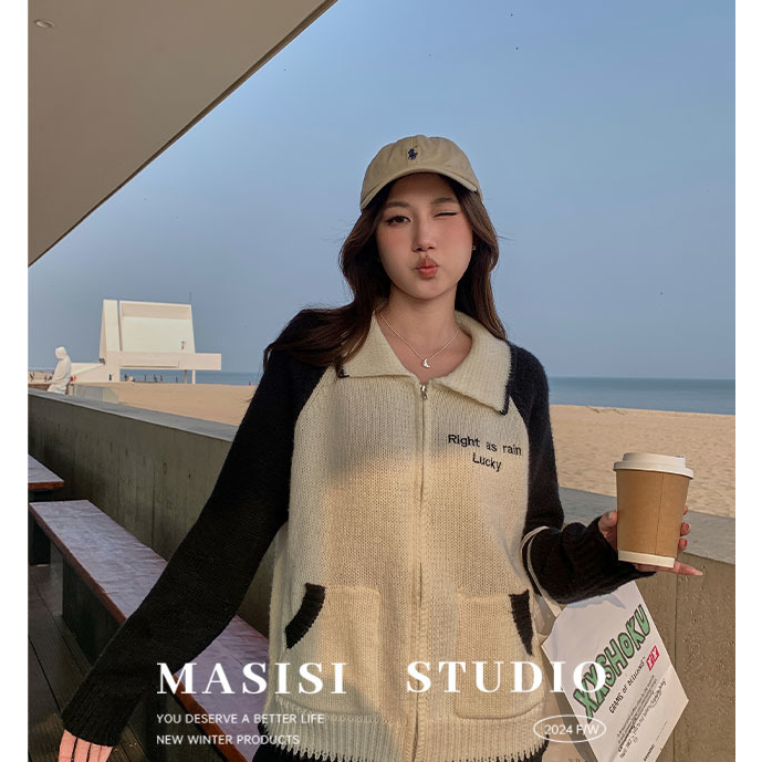 【宠粉回馈】马西西撞色拼接翻领拉链毛衣女冬大码宽松长袖上衣外套