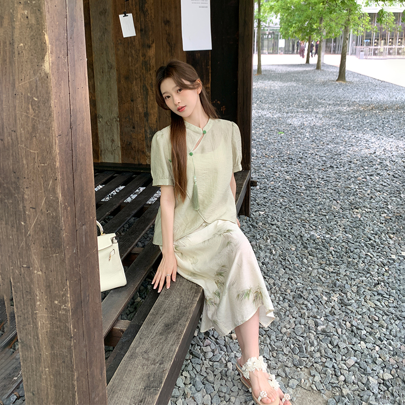 【宠粉回馈】马西西微胖mm流苏扣旗袍套装女大码国风上衣半裙两件套