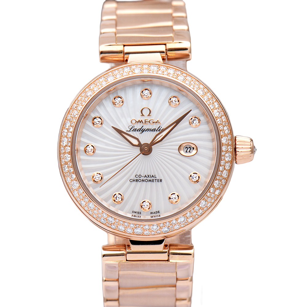 99新 Omega/欧米茄 碟飞系列18k玫瑰金原镶钻白盘34mm自动机械女