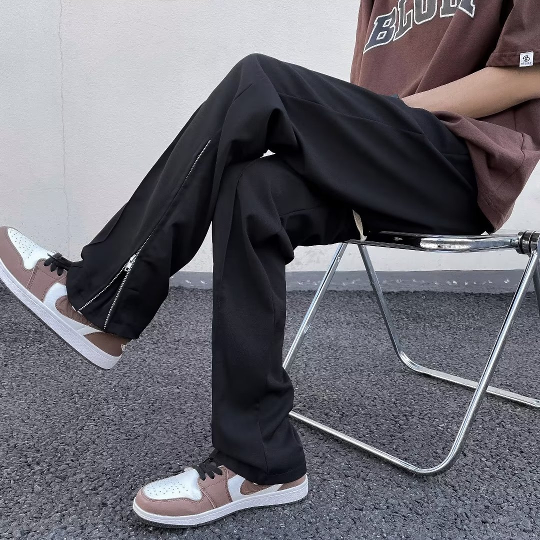 美式高街黑色裤子男夏季修身直筒休闲工装裤潮牌拉链开叉微喇长裤