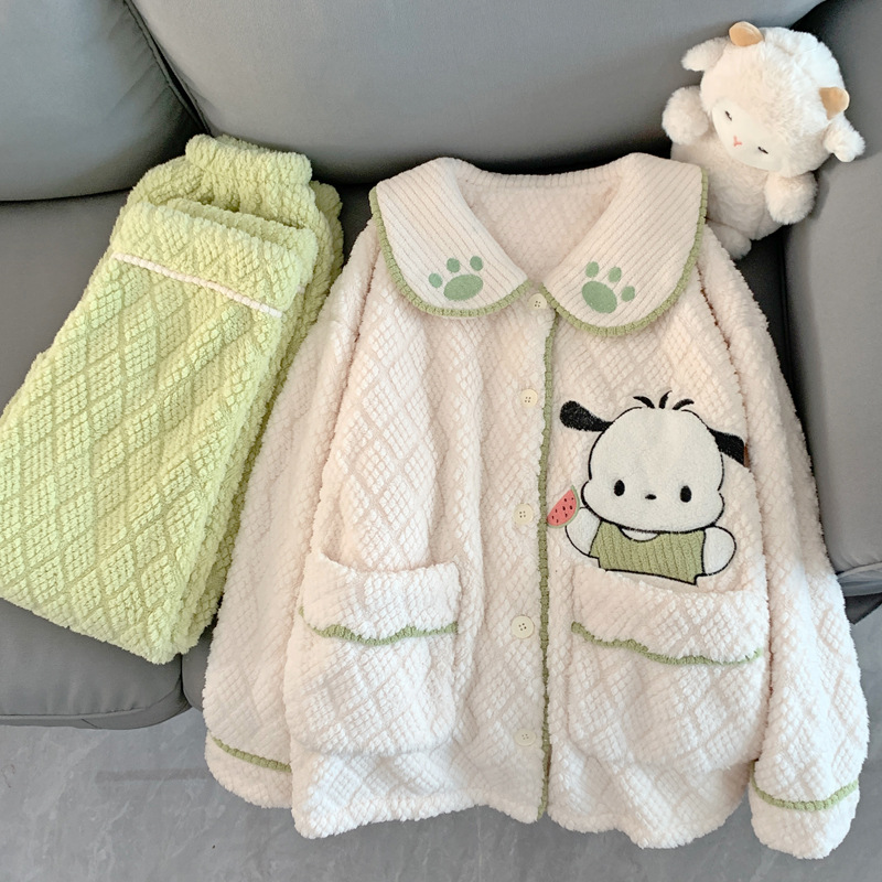 ins日系冬季新款卡通帕恰狗睡衣女翻领法兰绒家居服套装实拍代发