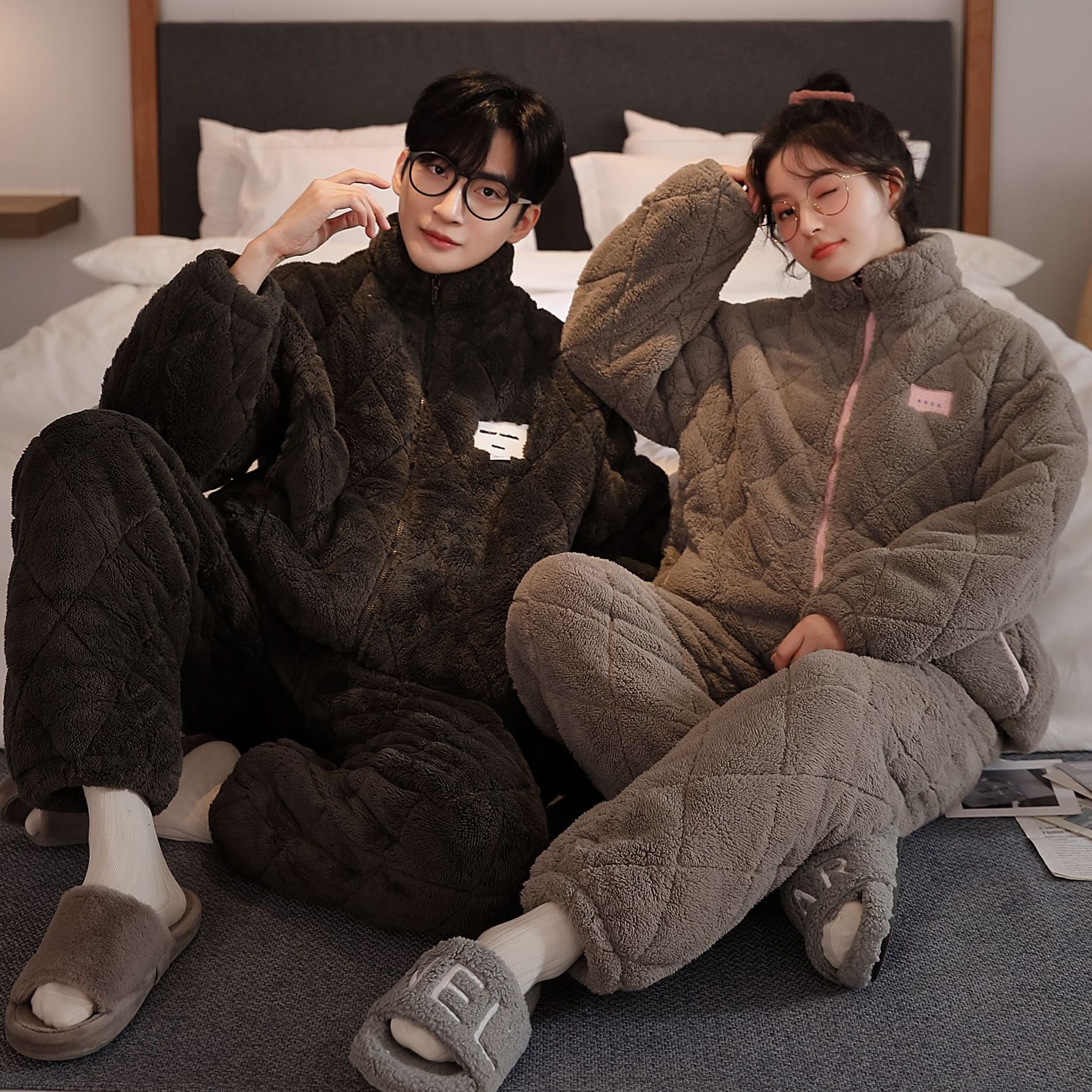 冬季款三层加厚加绒夹棉宽松情侣居家可外穿保暖家居服睡衣男休闲